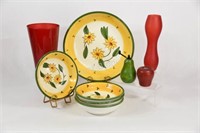 Large Salad & Bowl Set with Red Glass Vases