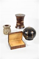 Wood Carved Lidded Vases, Box & Ceramic Container
