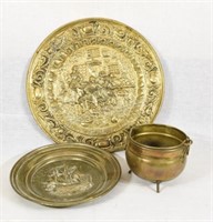 Brass Wall Plates & Footed Lucky Pot with Handle