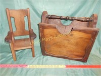 2pc Vintage Wood - Magazine Rack / Doll Chair