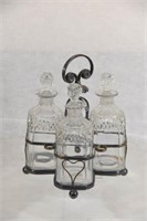 Pressed Glass Decanter Set in Silver Plate Holder