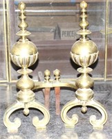 Antique Solid Brass Lg Ornate Fireplace Andirons