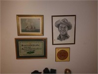 Lot of 4 Framed Prints, Needle Point, and Etc