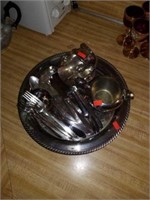 Silver plated tray and misc utensils