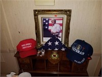 Lot of American Military Items- Hats, Pins, Flag