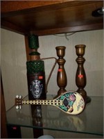 Lot of Wooden Banjo, Candleholders, and Decanter