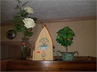 Lot of Wooden Bird House and Vases of Faux Flowers