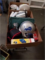 Box  Of signed football helmet and miscellaneous