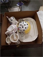 Box of serving tray cookie jar and miscellaneous