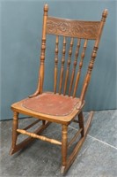 Carved Wood Spindle Rocking Chair w/ Leather Seat