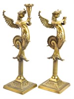 Pair Cast Brass Winged Angel Mermaid Candlesticks