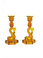 Pair of Vintage Amber Glass Fish Candlesticks