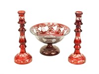 Victorian Ruby Glass Fruit Bowl & Candlesticks
