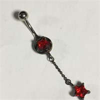 Sterling Silver And Red Stone Belly Button Ring