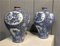 Pair Of Blue Decorated Transferware Vases