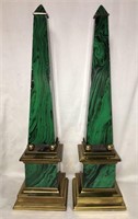 Faux Malachite And Brass Obelisk Sculptures