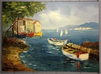 Oil On Canvas Coastal Scene With Fishing Boats