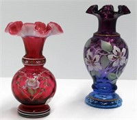 (2) Fenton art glass vases; Cranberry Diamond