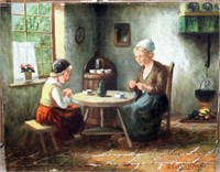 Verberghem oil on canvas, Dutch women sewing