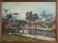 Southeast Asia farm scene, oil on canvas,