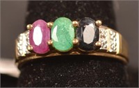 10k Ruby Emerald Sapphire & Diamond Ring