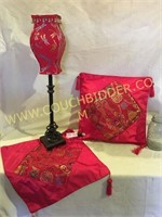 Red oriental theme "silk" throw pillows & lamp