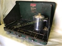 Retro Coleman camping stove & aluminum perculator