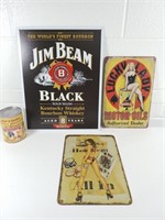 3 affiches métalliques : Jim Bean, Lucy Lady *