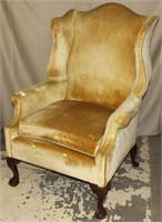 Gold uphol wing chair w/ball & talon feet