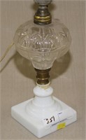 Glass pedestal lamp, milk glass & clear