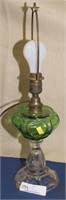 Heart pattern glass pedestal lamp, green & clear