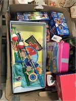 Box of kid's games: lunch boxes, card games,