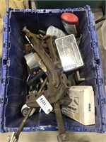 Tub of misc:  gear pullers, Harley-Davidson domino
