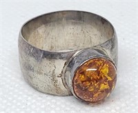 STERLING SILVER AMBER THICK BAND RING