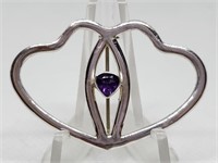 LARGE STERLING SILVER AMETHYST STONE PIN / BROOCH
