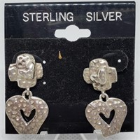 STERLING SILVER EARRINGS HAMMERED HEART & CROSS