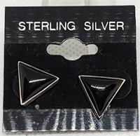 STERLING SILVER EARRINGS ONYX TRIANGLE STONES