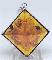 LARGE STERLING SILVER AMBER PYRAMID STONE PENDANT