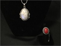 Rainbow Moon Stone Pendant Necklace & Red Coral
