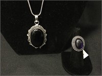 Black Onyx Pendant with Chain, Amethyst Ring