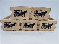 5 small wooden crates w/ horse & carriage detail