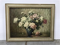Large vintage framed flower painting on canvas
