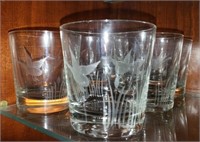 Set of Six Low Ball Glasses with Etched "Geese"