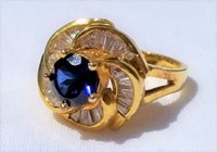925 Sterling Goldtone Ring Blue Synthetic Stone