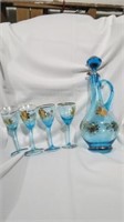 Blue Decantor W/Stone Glass Top With (4)Stem Glass