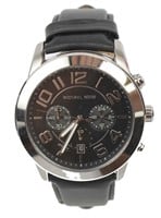 MICHAEL KORS MENS BLACK LEATHER STAINLESS WATCH