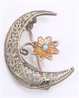 10K YELLOW GOLD FILIGREE HALF MOON BROOCH