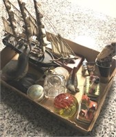 2 TRAYS OF FIGURINES, PAPERWEIGHTS, SAIL BOAT,MISC