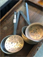 PAIR OF COPPER AND IRON LADLE AND