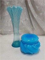 Gorgeous aqua vase & covered bowl